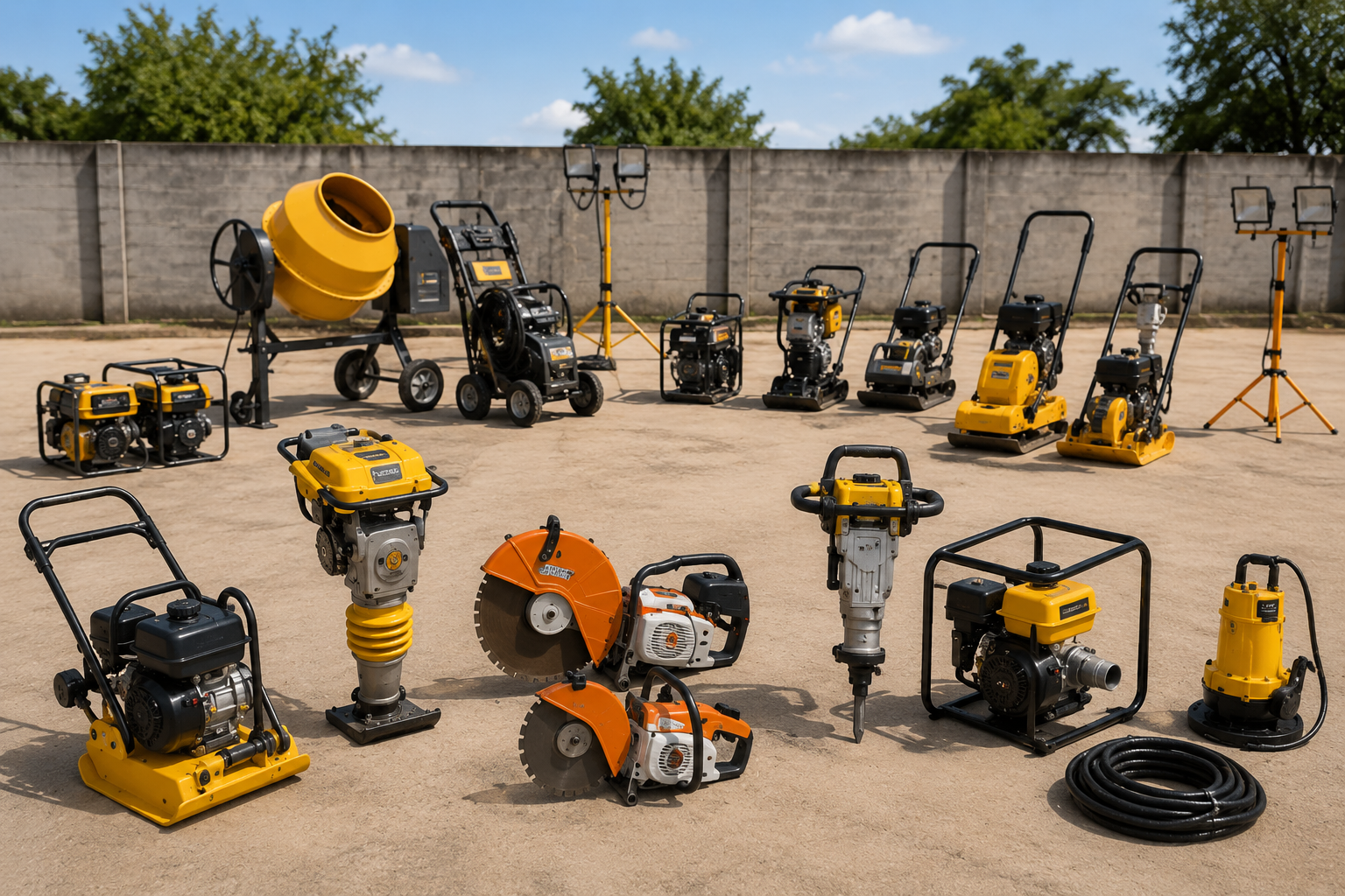 Equipamentos para construção civil organizados no pátio da locadora